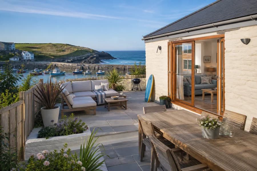 Fictional Harbour Hideaway with a coastal patio overlooking a harbour